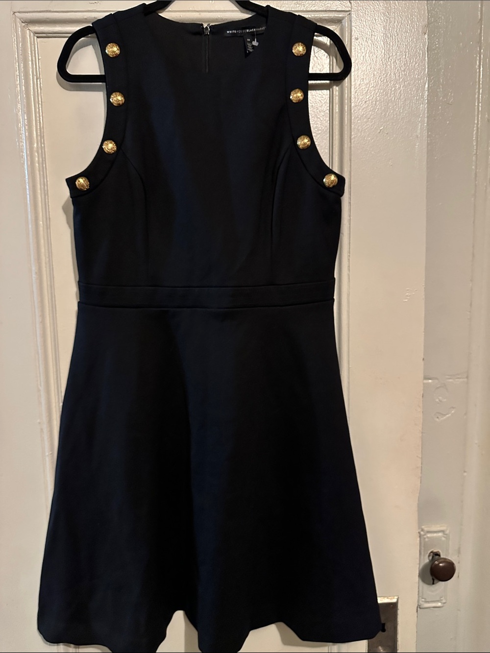Like New White House Black Market Black Dress with Gold Buttons. Size 12.
